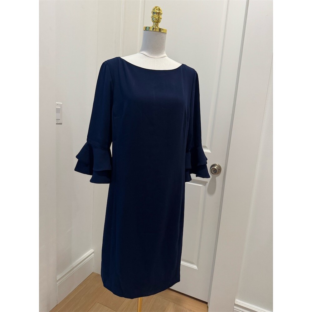 Lauren Ralph Lauren Dress Womens 14 Navy Shift Knee Length 3/4 Bell Sleeve